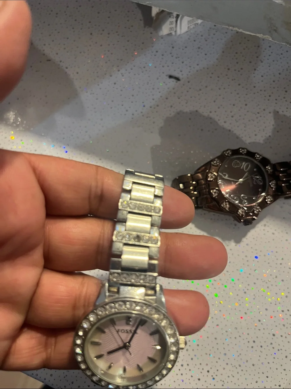 Fossil Silver accent  Bracelet Watch with Pink Dial and Crystal Accents